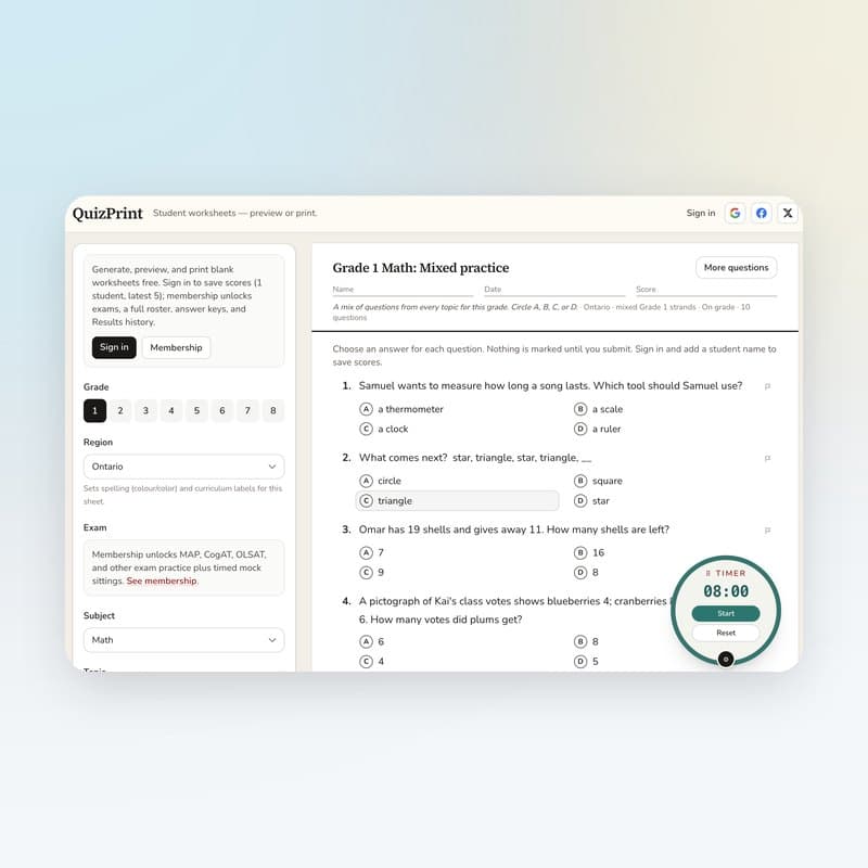 QuizPrint student worksheets