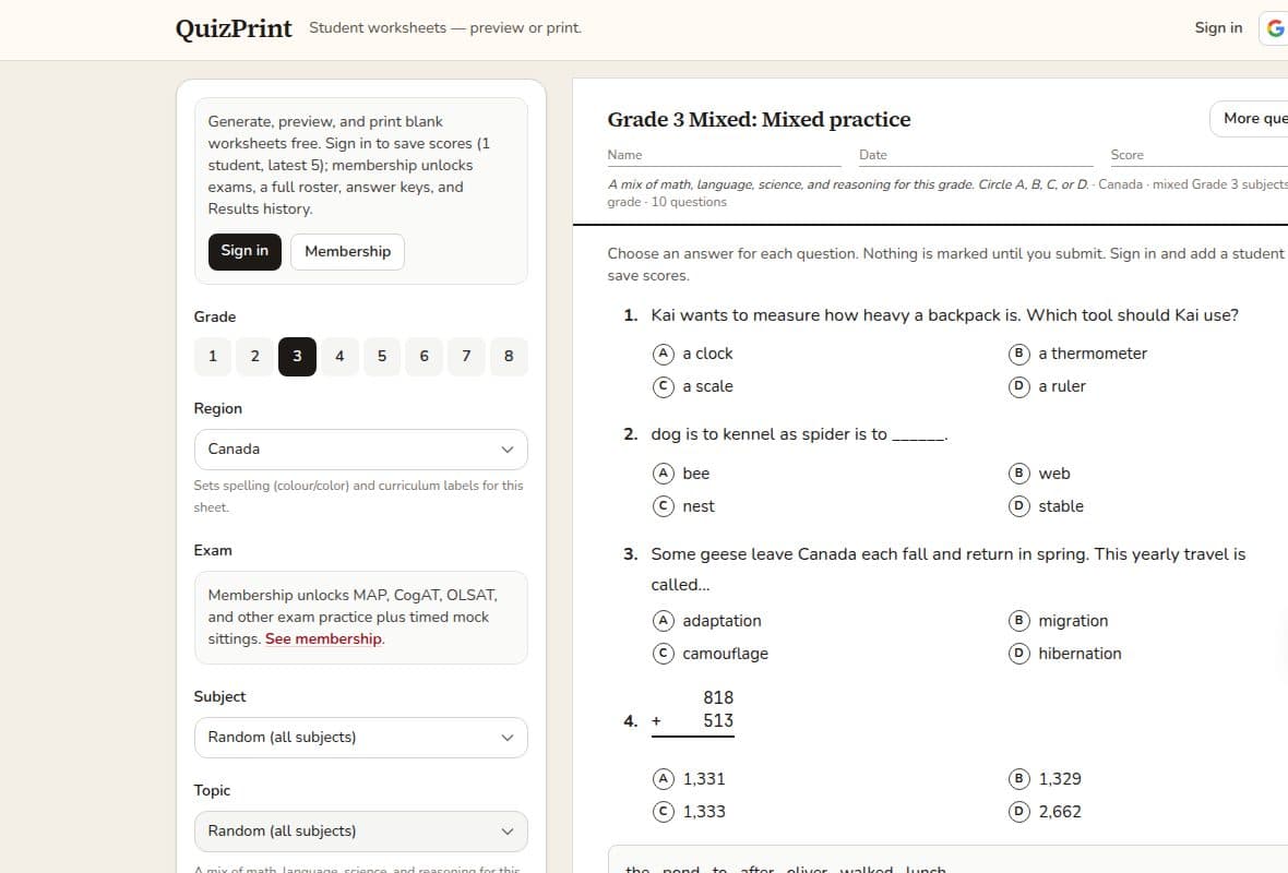 QuizPrint product screenshot