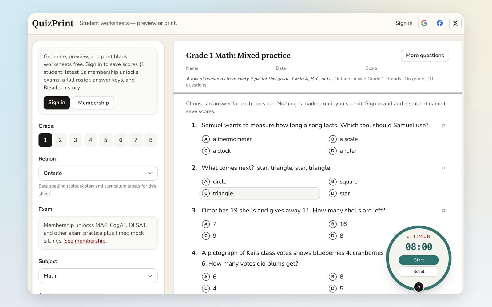 QuizPrint student worksheets — figure 1